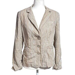 CAbi Blazer Jacket Womens SIze M Tan White Plaid Seersucker